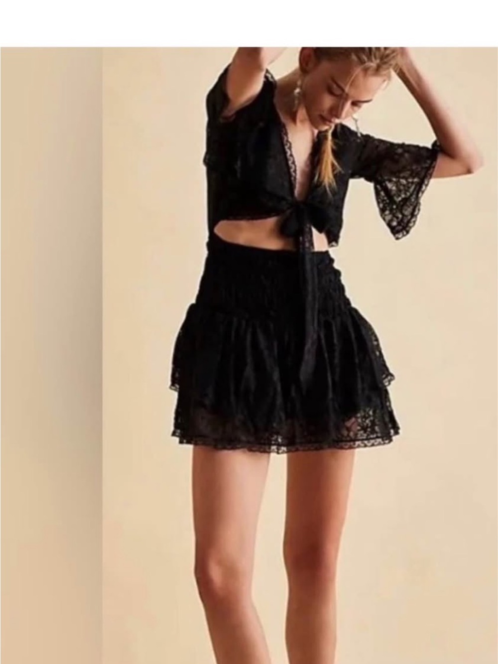 Free People Black Lace Tiered Mini Skirt